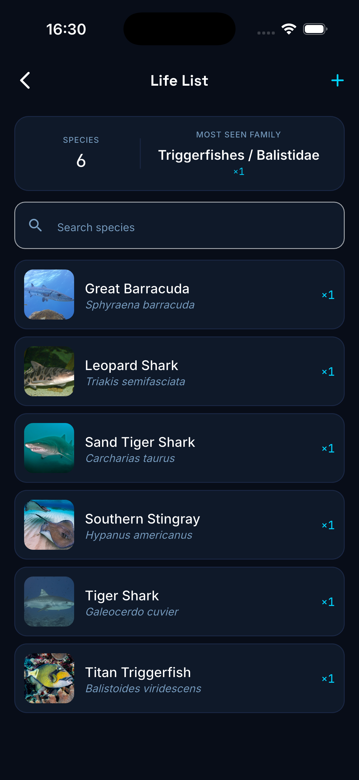 Bubbles My Marine Life: a searchable species life list with Tiger Sharks and Anemonefishes, scientific names and sighting counts.