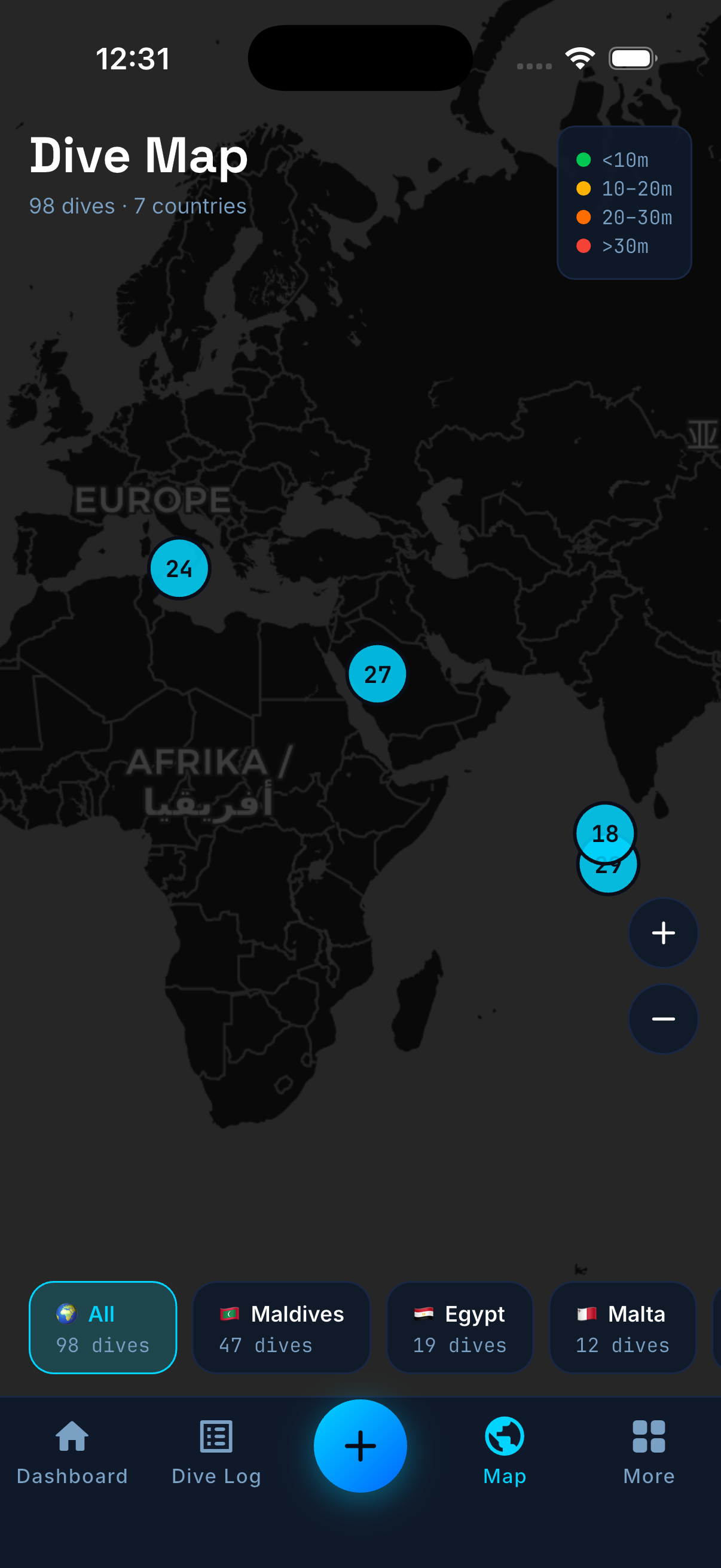 Bubbles Dive Map screen: a dark world map with a depth-coloured pin at Marsa Alam, Egypt, a depth legend, and a country filter.
